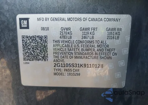 2019 Chevrolet Impala Premier z USA, uszkodzony, nr VIN 2G1105S31K9110128